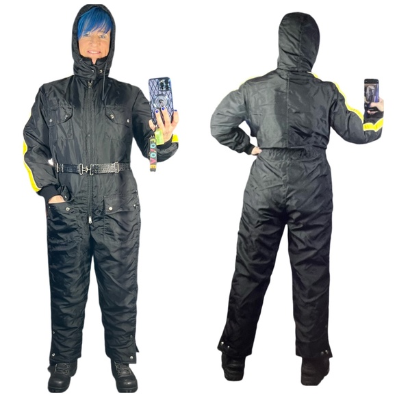 VINTAGE |•JCPENNEY•| 80s Snowmobile Suit Hooded Black w/ Yellow Striping - Picture 2 of 15